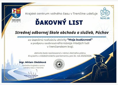 Ďakovný list za realizáciu aktivity "Moja budúcnosť"