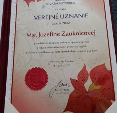 Ocenenie udelené primátorom mesta Považská Bystrica