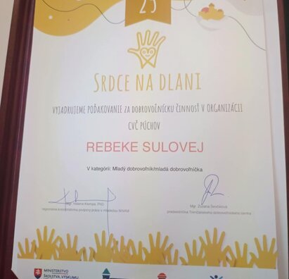 Naša žiačka Rebeka Sulová získala ocenenie „Srdce na dlani“! ❤️